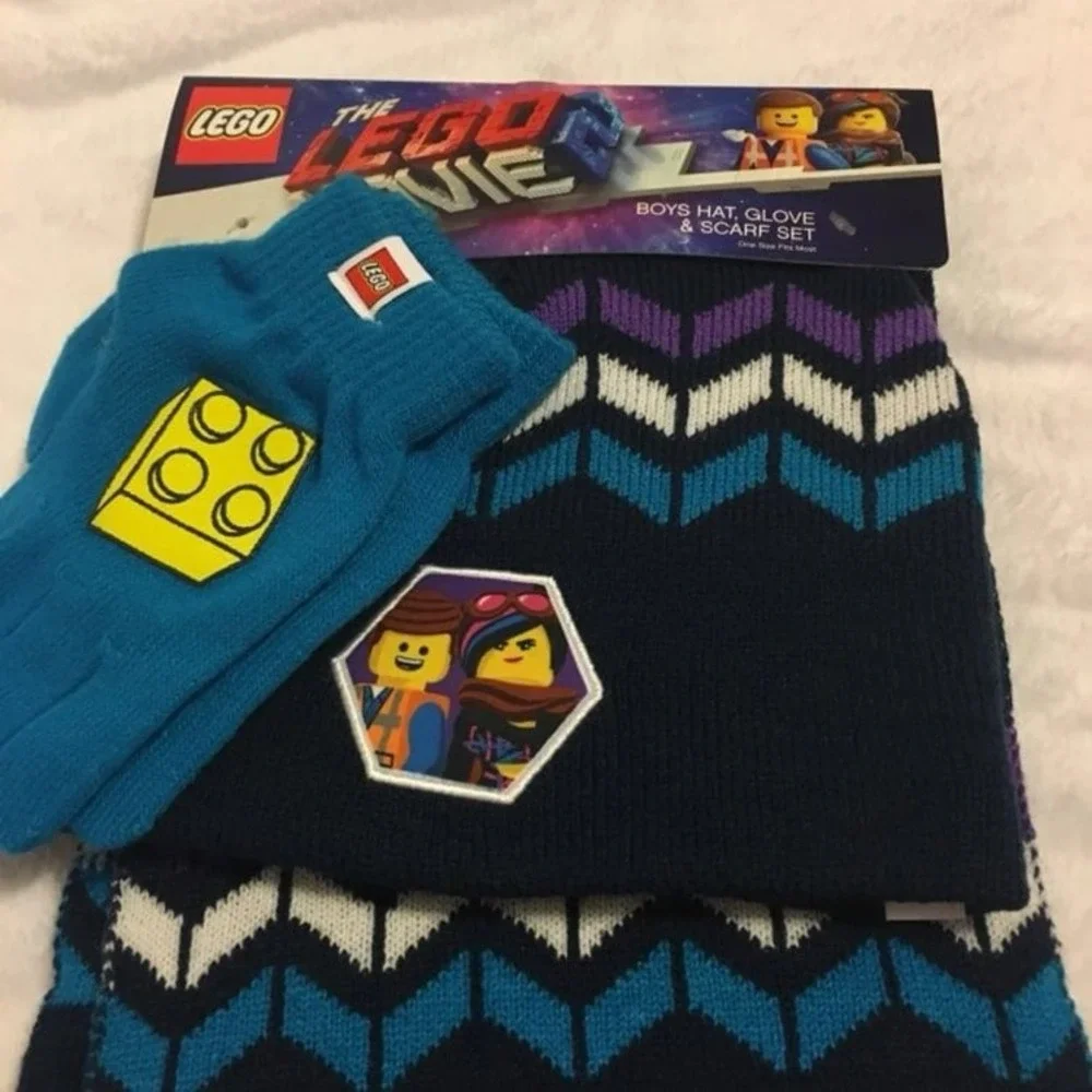 LEGO Movie 2 Hat Scarf Glove‎ Set Kids OSFM Navy Blue New Winter Beanie Chevron